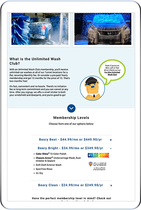 Unlimited Wash Club pages clearly break out membership levels and pricing.