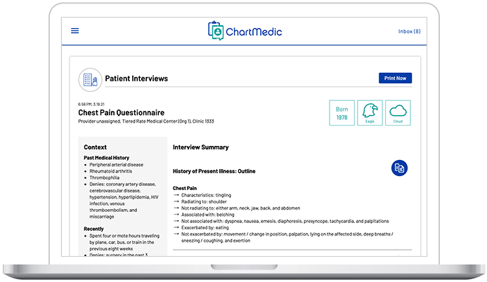 Clinic interviews appear in a filterable list view.