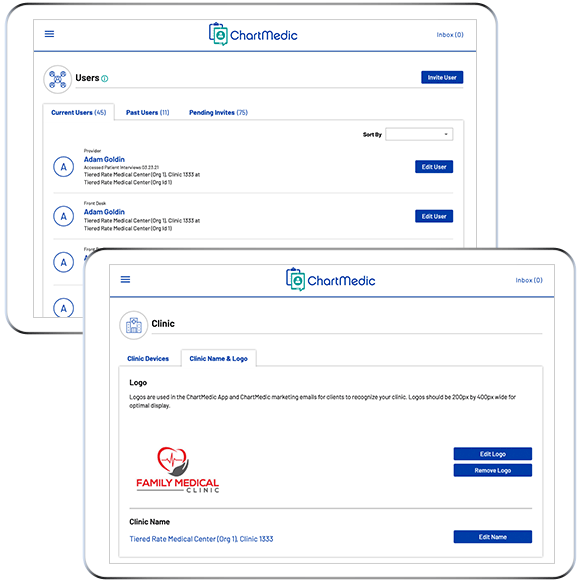 Within each clinic users have specific roles. Clinic branding can be added.