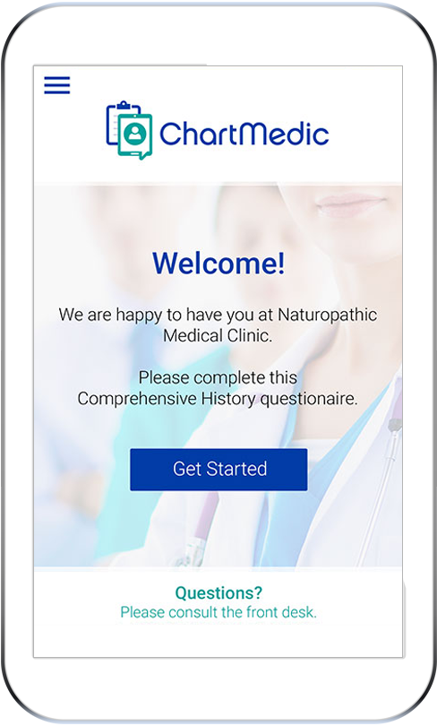 A welcome screen introduces patients to the app.