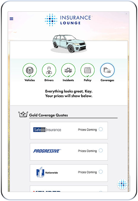 Insurance Lounge selects silver, gold and platinum coverage packages and returns prices for each from major carriers.