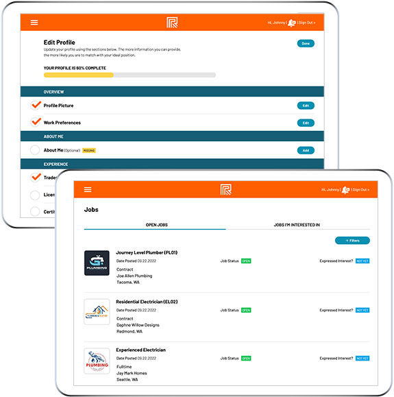 A profile creation checklist and job list help guide the user journey.