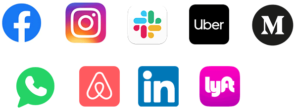 logos of Facebook, Instagram, Slack, Uper, WhatsApp, AirBNB, LinkedIn, Lyft
