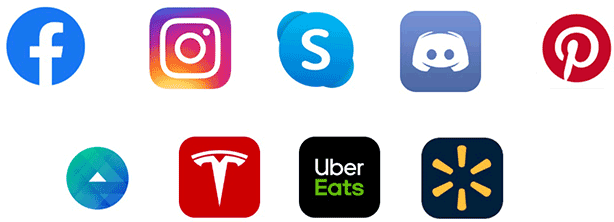 Logos for Facebook, Instagram, Salesforce, Pinterest, Tesla, Target, Uber Eats
