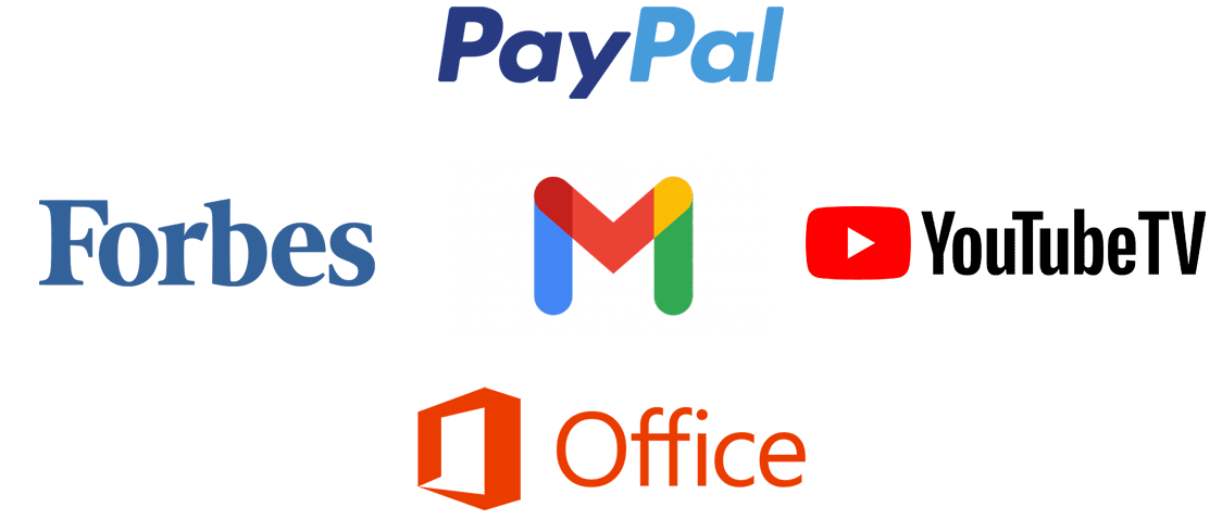 Logos for PayPal, Forbes, Gmail, Microsoft Office, YouTube TV