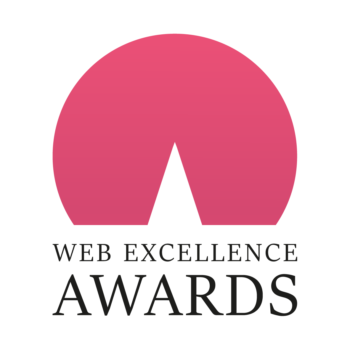 Web Excellence Awards logo: pink arc/dome with a notch above the words 'WEB EXCELLENCE AWARDS' in black serif font.