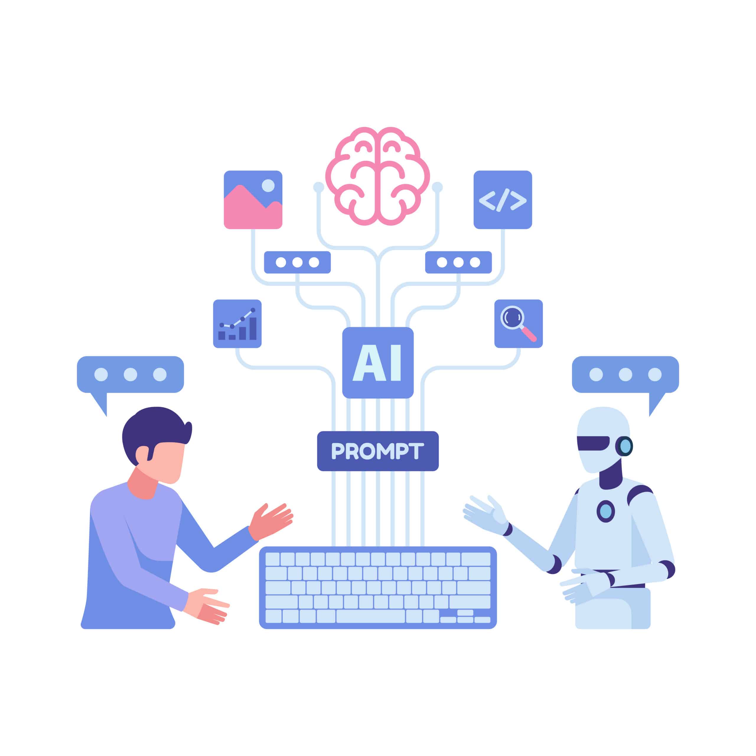 Collaborative AI illustration: a pink brain connected to people and code icons representing AI thinking and teamwork around a central AI node.