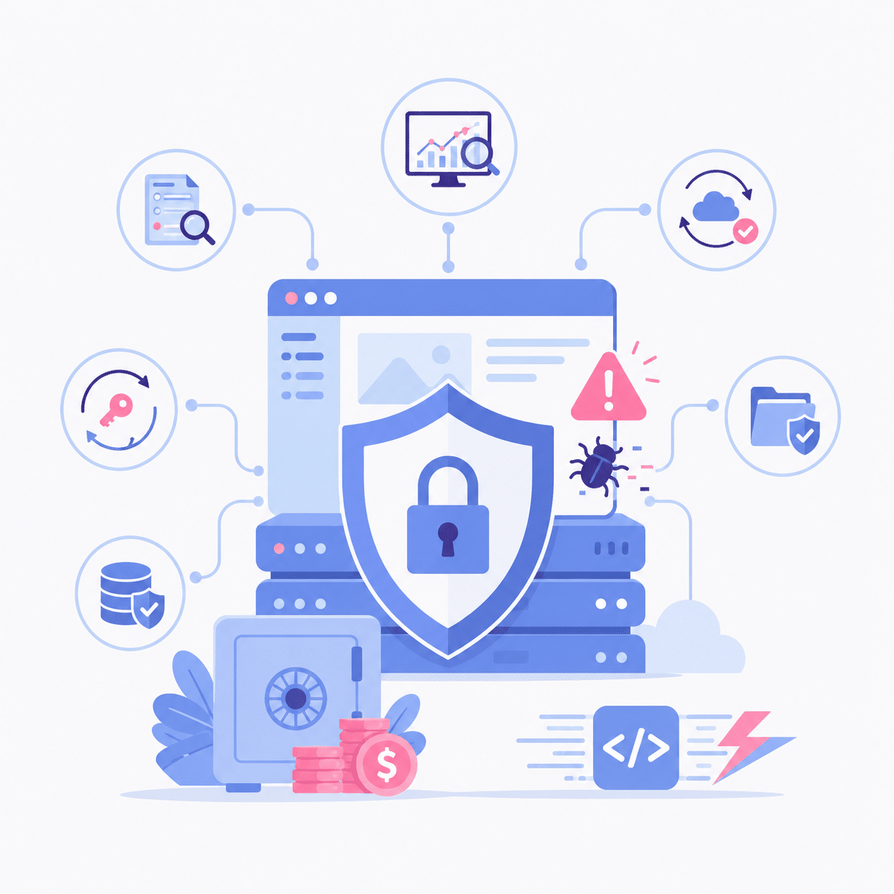 Illustration of a computer/server setup shielded by a large security shield, with icons for data protection and threat alerts nearby (cybersecurity concept).