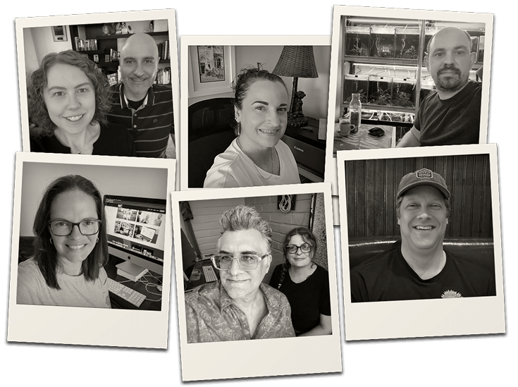 Collage of six black-and-white portrait photos of smiling teammates in casual settings.
