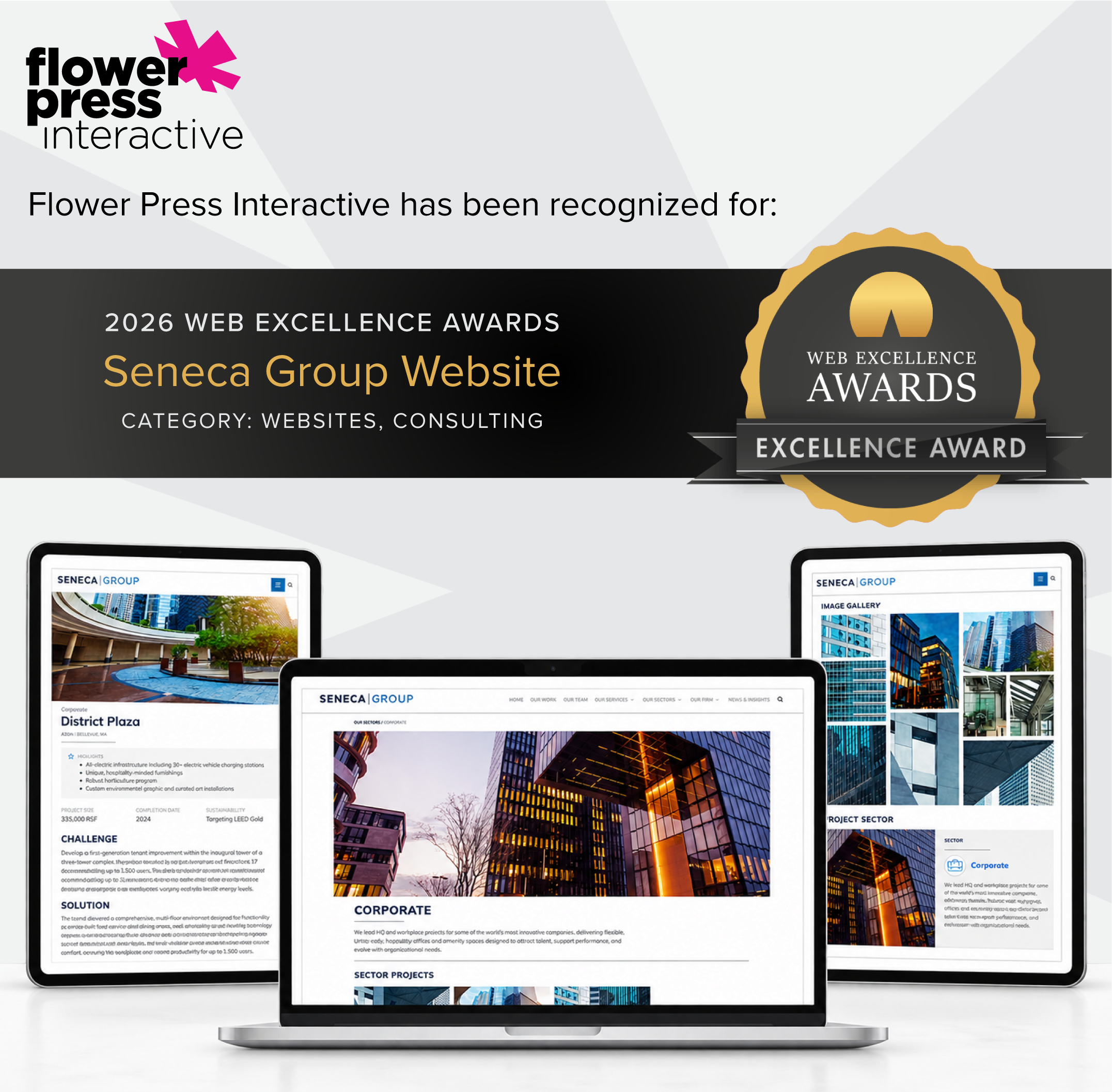 AwardforPost - Flower Press Interactive Montage of laptop screens displaying the Seneca Group website and a yellow Web Excellence Awards badge in the corner.