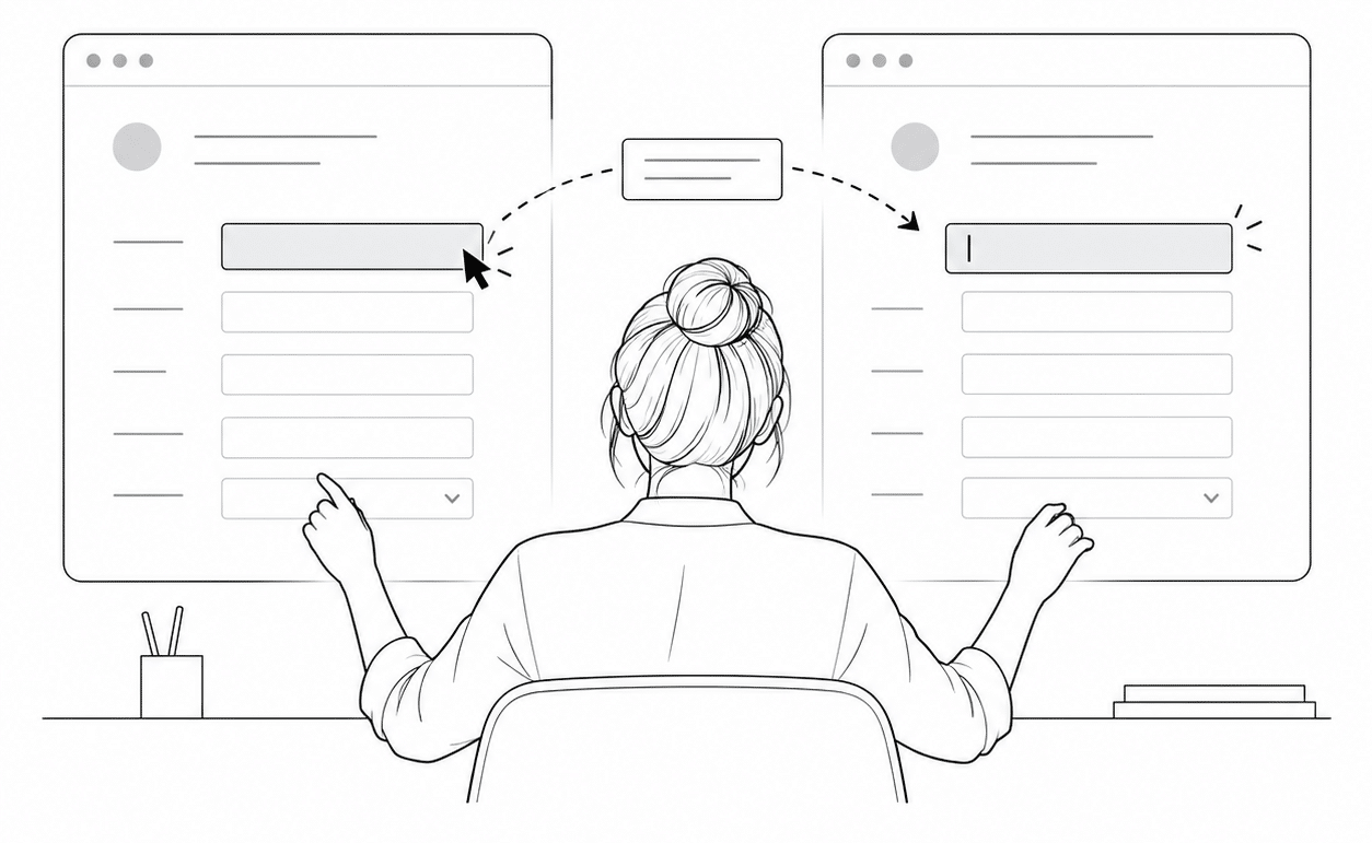 Person seated at a desk with two large monitors on either side, each showing form fields to fill in.